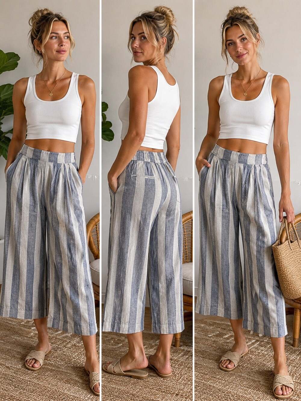 GAP Coastal Linen Blend Wide Leg Crop Pants Blue & White Stripe Pockets Size 10